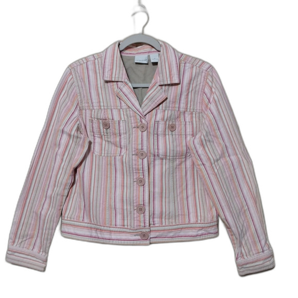 Kim Rogers Jackets & Blazers - Kim Rogers jacket Womens Medium pink multicolor striped denim stretchy cropped